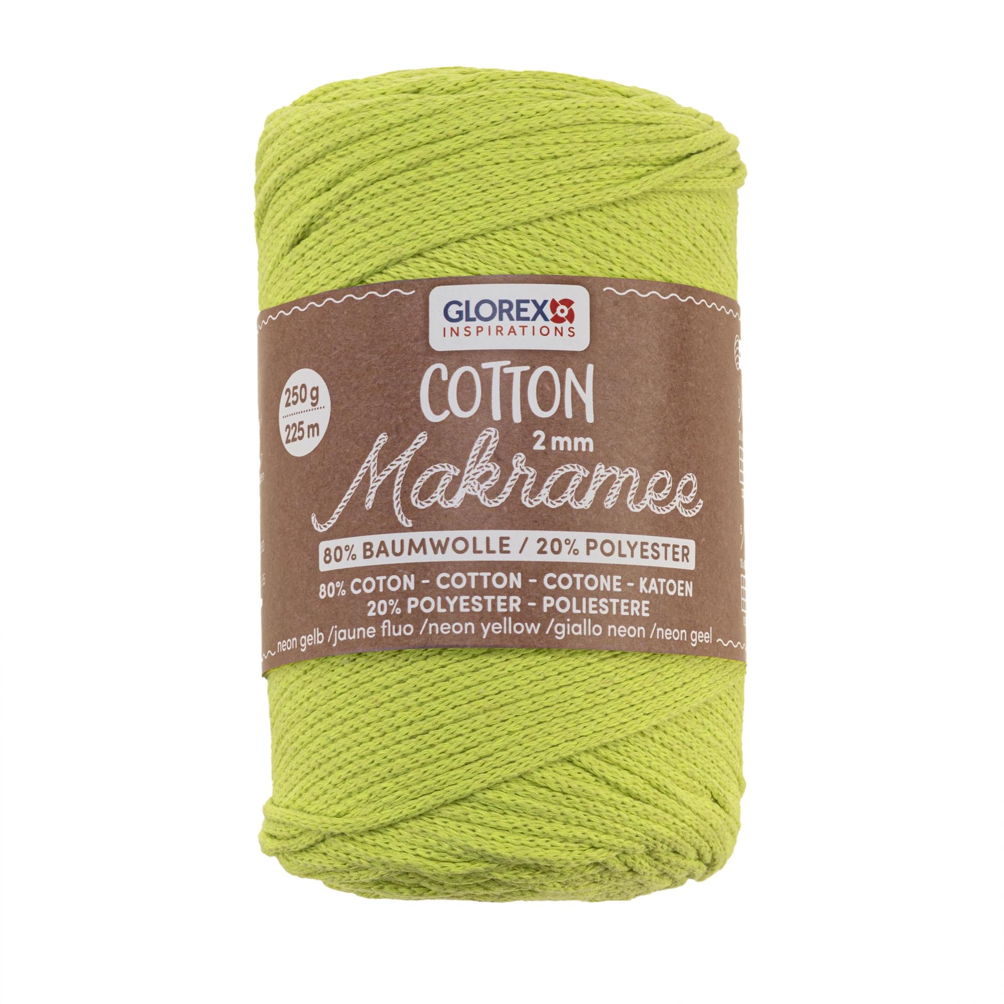 GLOREX Makramee-Garn Neon Gelb 2 Mm – 100% Baumwolle, 250 G / 225 M, Für Häkeln, Stricken & Makramee