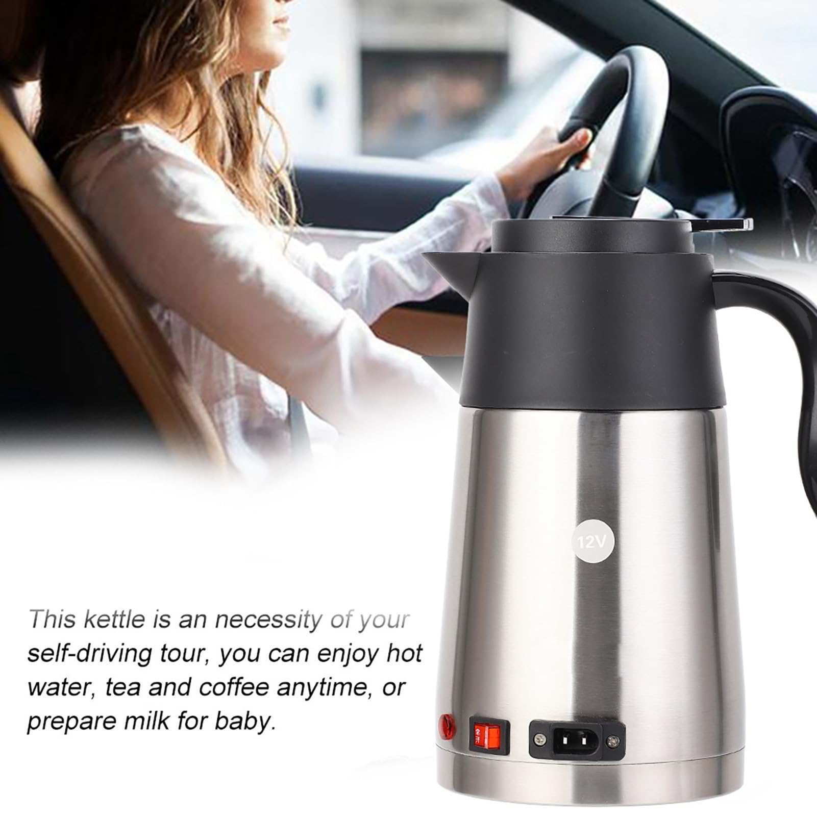 Jiawu Czajnik Samochodowy, 1200 Ml, Automatyczne Odcięcie, Samochodowy Podgrzewacz Wody ze Stali Nierdzewnej 304 o Pojemności 1200 Ml, Czajnik 24 V z wtyczką do Zapalniczki, do Podróży Samochodem