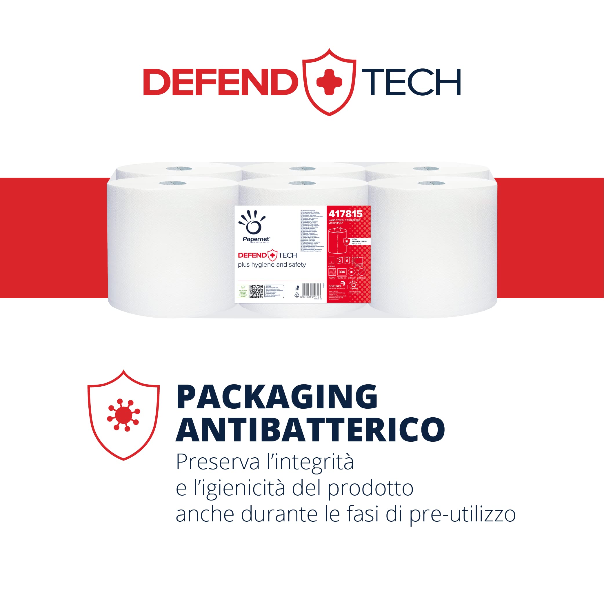 Papernet Defend Tech - Asciugamano in Rotolo Centrefeed 417815, 6 Rotoli di Carta in Pura Cellulosa da 115m, con Formula Antibatterica, 2 Veli, 330 Strappi per Rotolo da 19,7x35cm