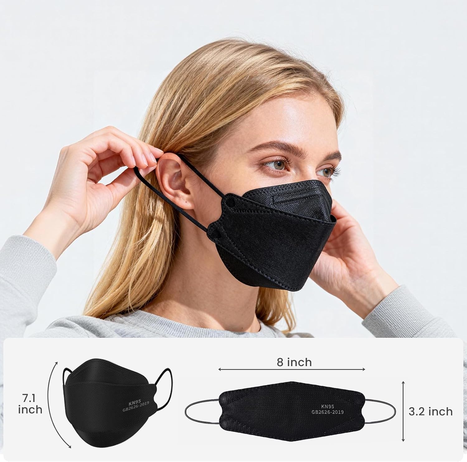 KN95 Face Masks Black 50 Pack for Adults, Breathable Disposable with Elastic Ear Loops