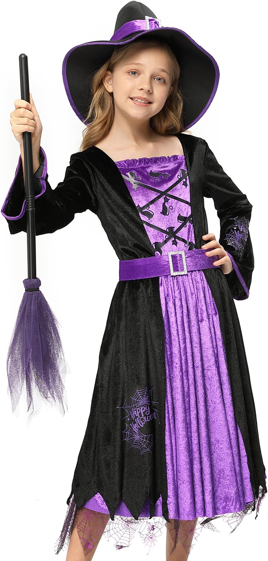 Acekid Witch Costume for Girls Kids, Fairytale Witch Halloween Costume Dress Up with Hat (T(3-4T))