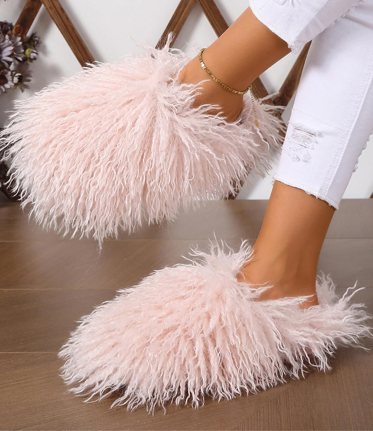 YESBOR Women's Men's Faux Fur House Slippers Fuzzy Fluffy Winter Warm Indoor Flat Slippers