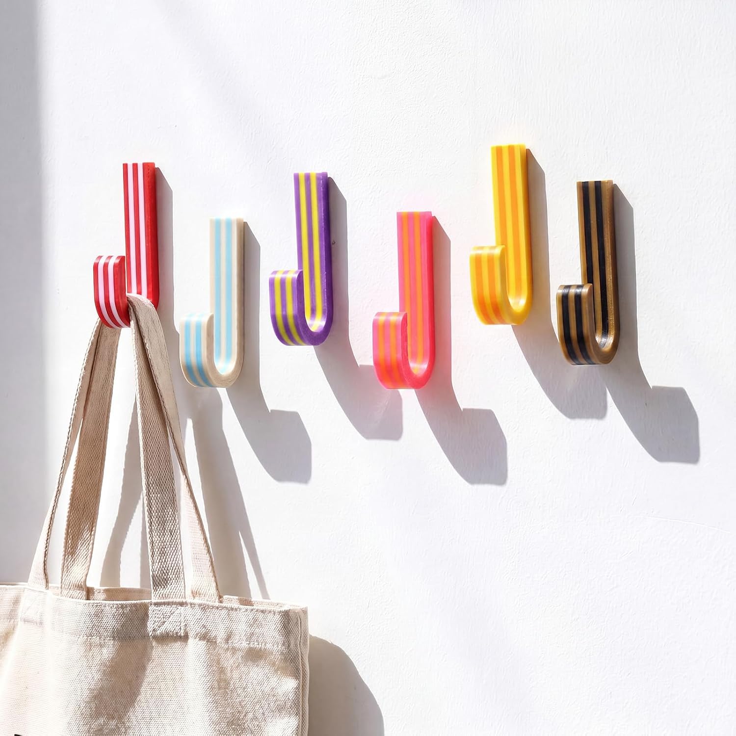 6 Pack Colorful Stripe Wall Hooks Cute Backpack Adhesive Hooks Plastic Coat Rack Wall Mount Hippie-Colored Hook for Office Hanging Bags Posters Key Towels Entryways Bathrooms Door Decor