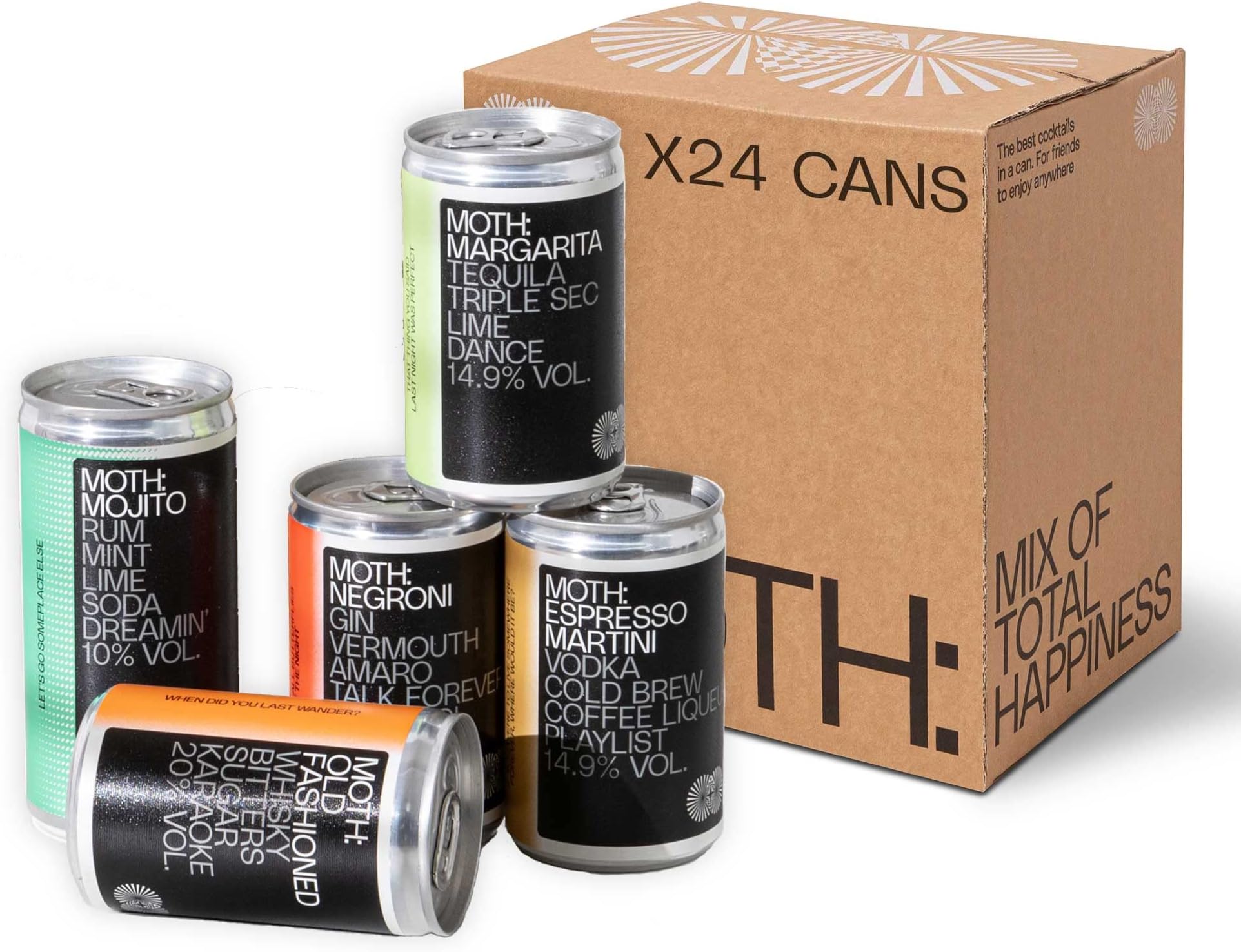 MOTH: Cocktails Taster Pack, Ready To Drink Cans, Mixed Case of 24, 4x Espresso Martini, 6x Margarita, 6x Mojito, 4x Negroni, 4x Old Fashioned, Premium Quality Bar Strength