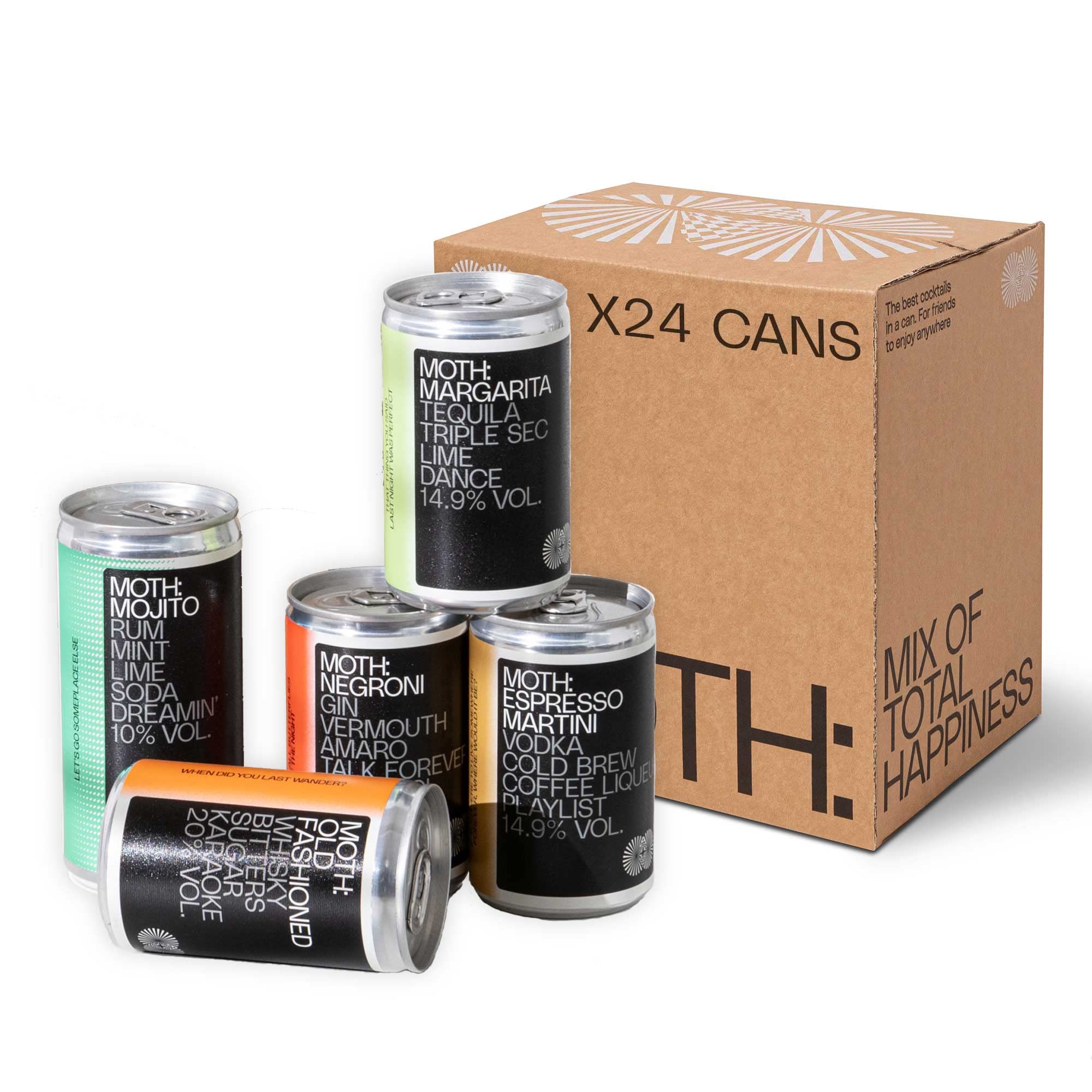 MOTH: Cocktails Taster Pack, Ready To Drink Cans, Mixed Case of 24, 4x Espresso Martini, 6x Margarita, 6x Mojito, 4x Negroni, 4x Old Fashioned, Premium Quality Bar Strength