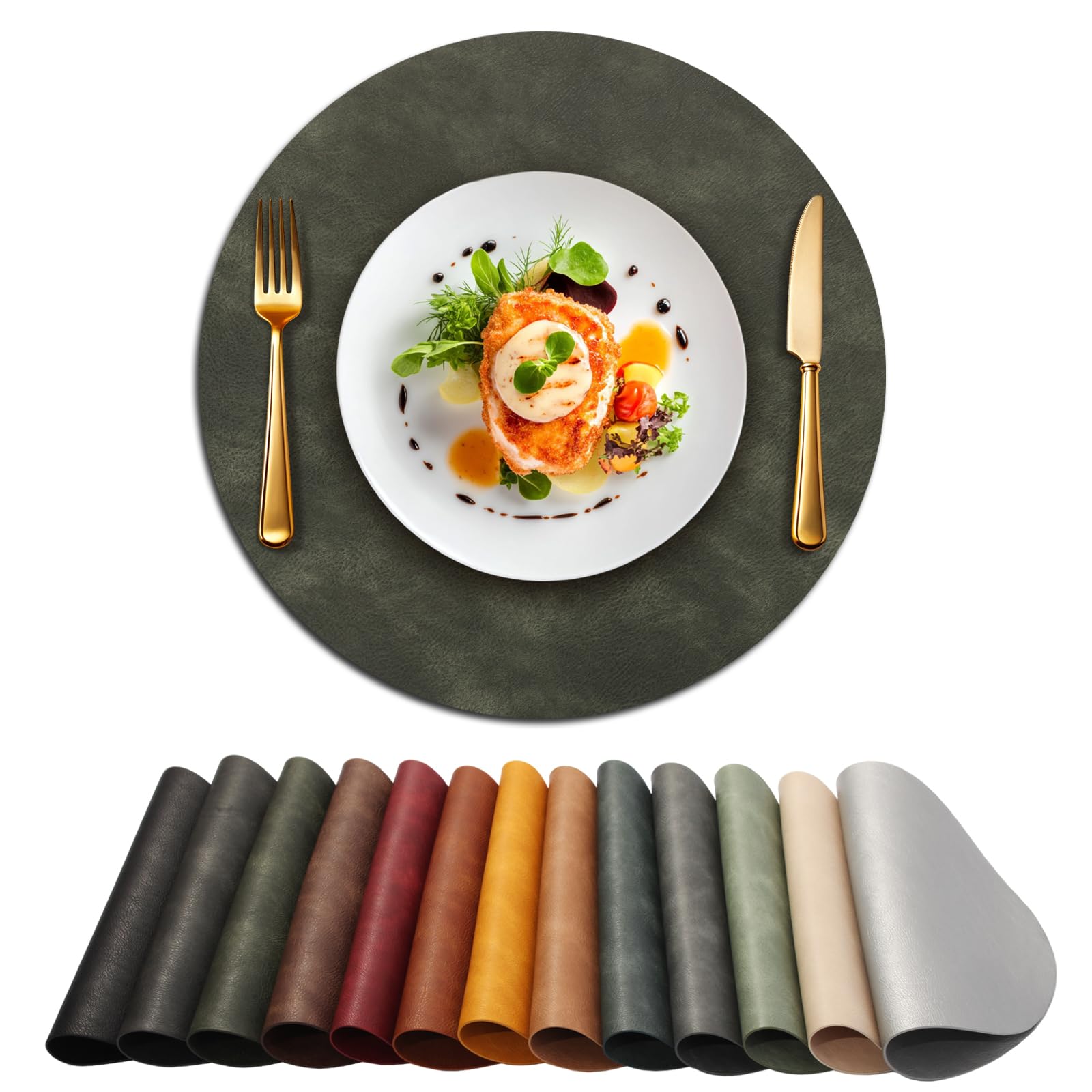 UnivoColors Placemats Round Faux Leather Placemats Set of 4-Waterproof-Wipe Clean-Heat Resistant-Anti Slip Dining Table Place Mats,Suitable for Indoor &amp; Outdoor Use,15".Retro Olive Green
