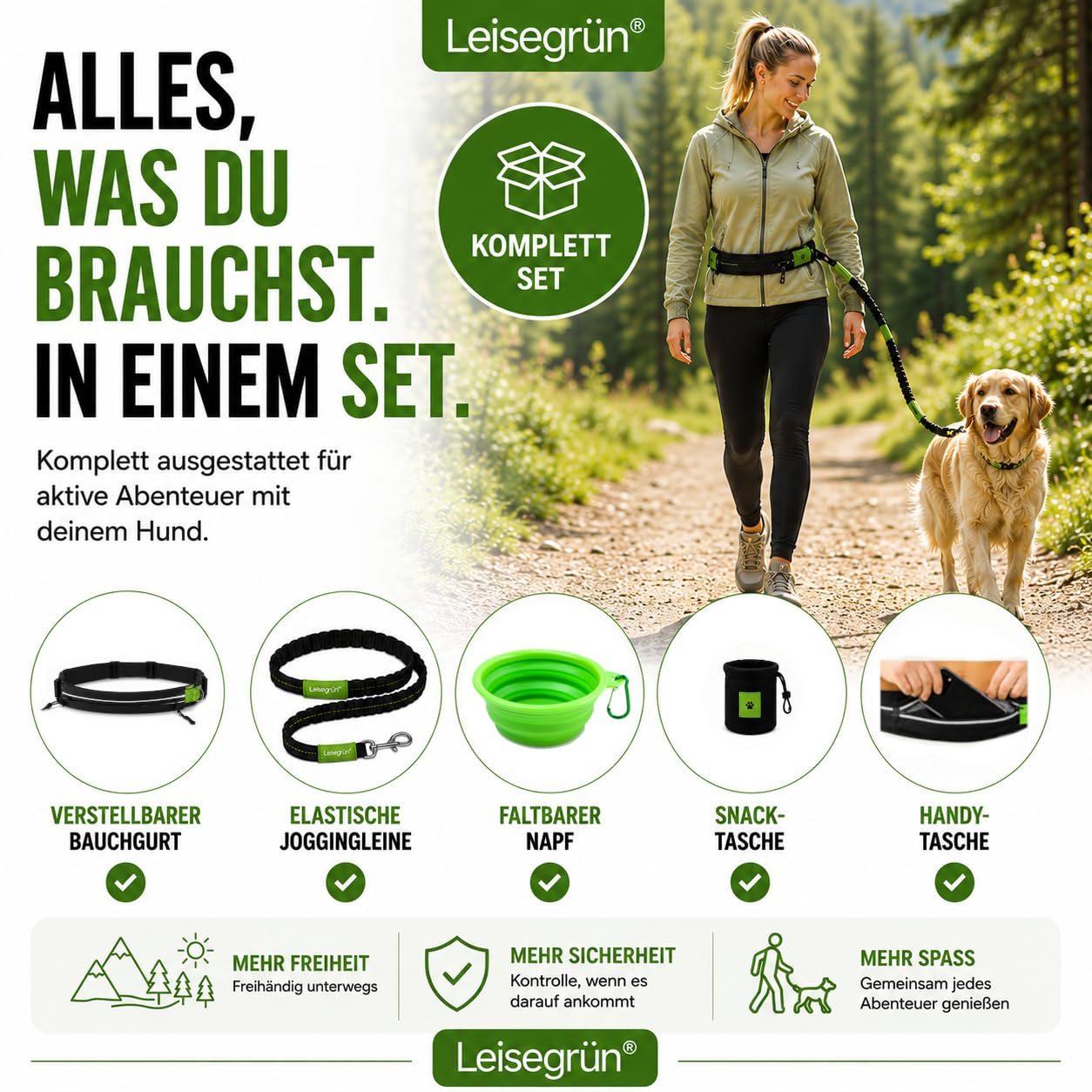 Leisegrün Joggingleine große Hunde bis 60 kg mit Bauchgurt & Bungeeleine | Freihand-Hundeleine, verstellbarer Bauchgurt, elastisch & ruckdämpfend, reflektierend – ideal zum Joggen, Wandern, Canicross