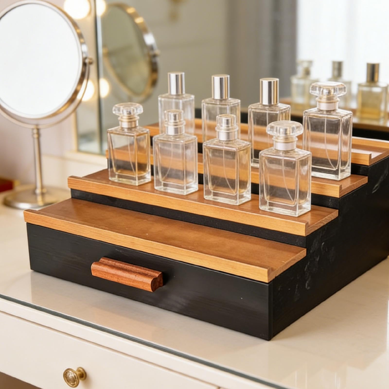 Perfume Soporte Organizador Cajonera Exhibidor Estante Perfume Madera Adecuado para Exhibición Accesorios Joyería Cosméticos Tocador Oficina Hogar, Negro Y Marrón, Individual