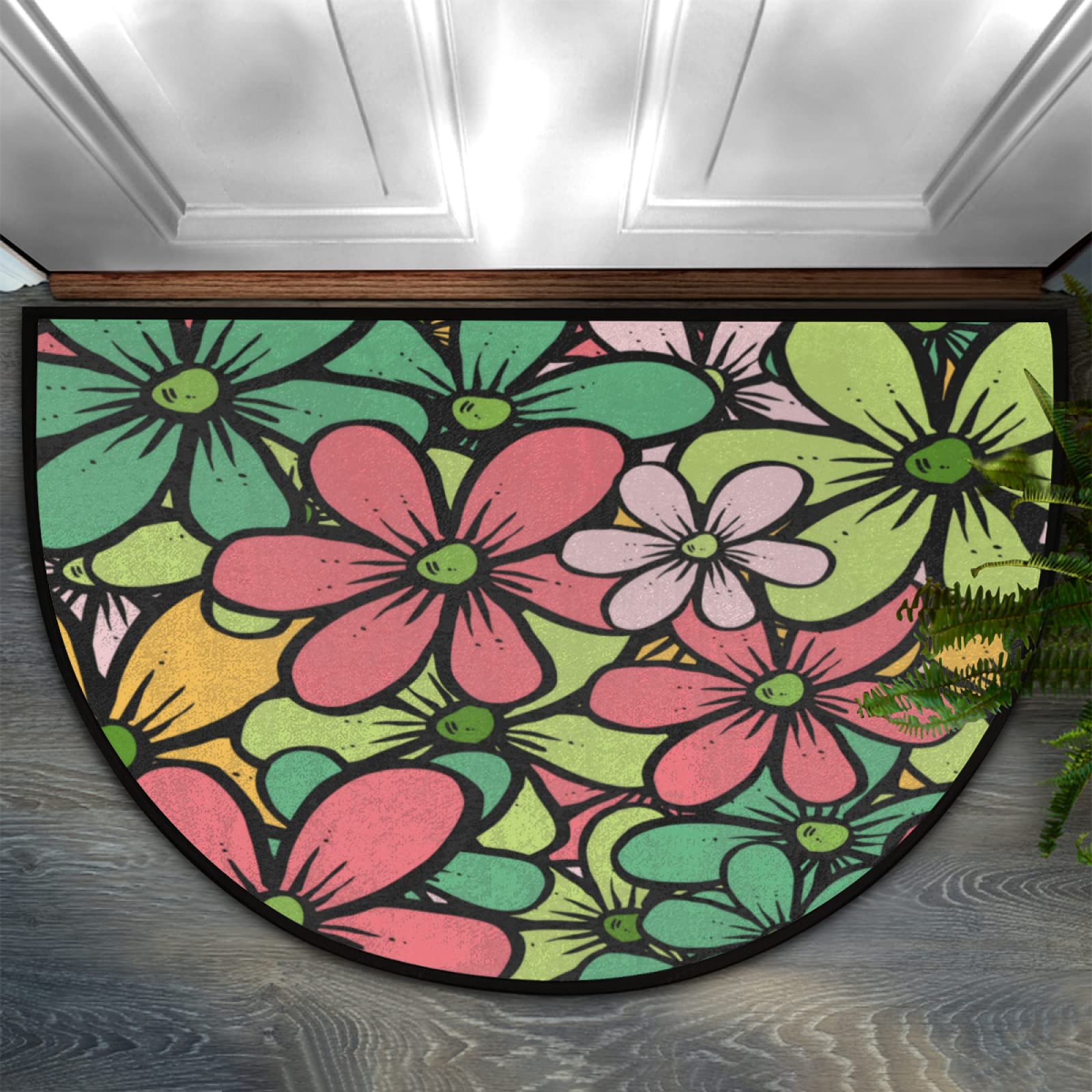 Bioputty Flowers Half Round Door Mat, Floral Non-Slip Half Circle Rug Doormats Absorbent Washable for Indoor Outdoor Kitchen Bedroom Home Decor 76x45 CM