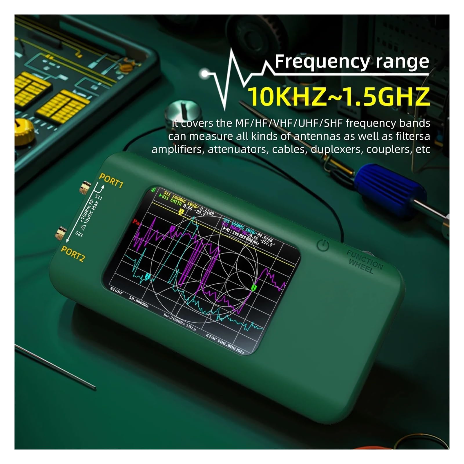 Spektrumanalysator, P5 Tragbarer Vektornetzwerkanalysator 3,98-Zoll-Touchscreen 10 kHz-1,5 GHz MF HF VHF UHF SHF Antennenanalysator