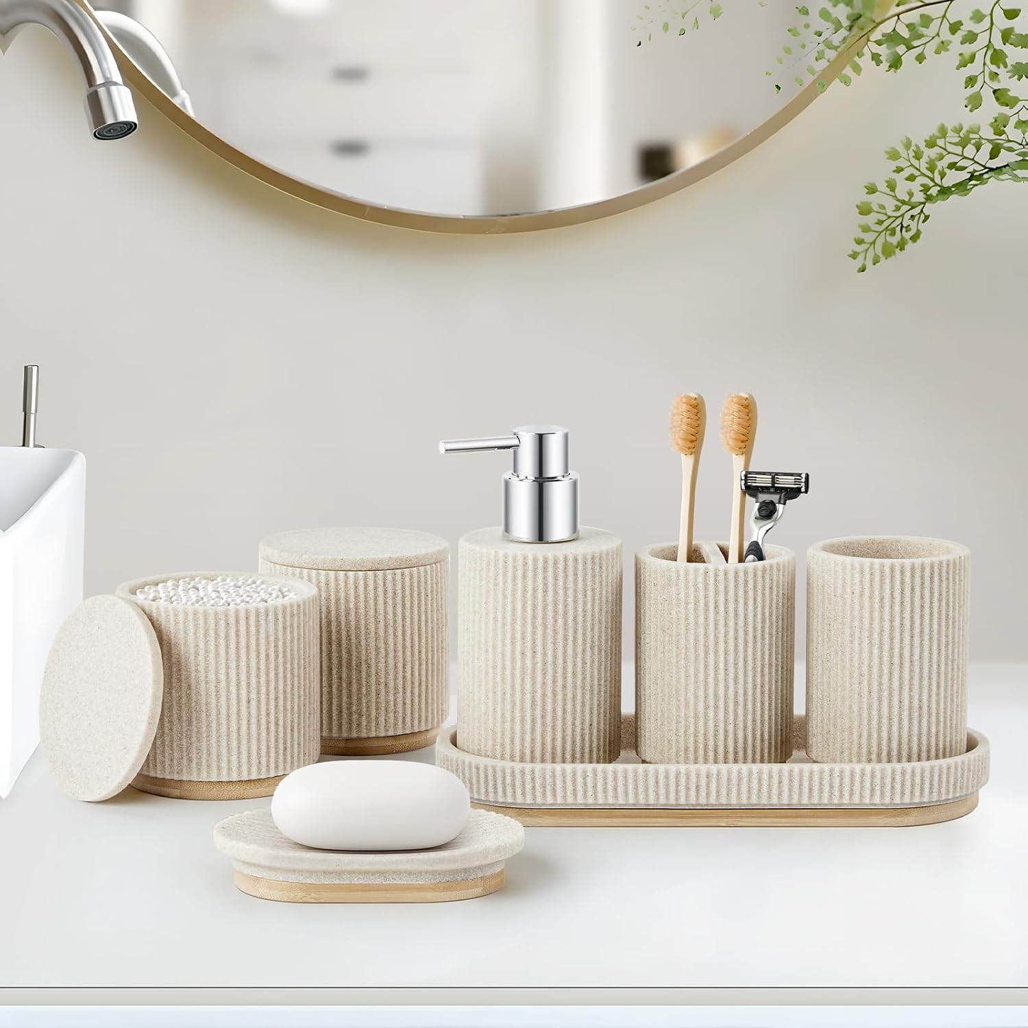 7PCS Bathroom Accessories Set, with Soap Dispenser, Q-tip Holder, Toothbrush Holder, Tumbler, Soap Dish, Vanity Tray, Complete Bathroom Accessory Set Organizer Countertop for Modern Home Decor, Beige - Image 6