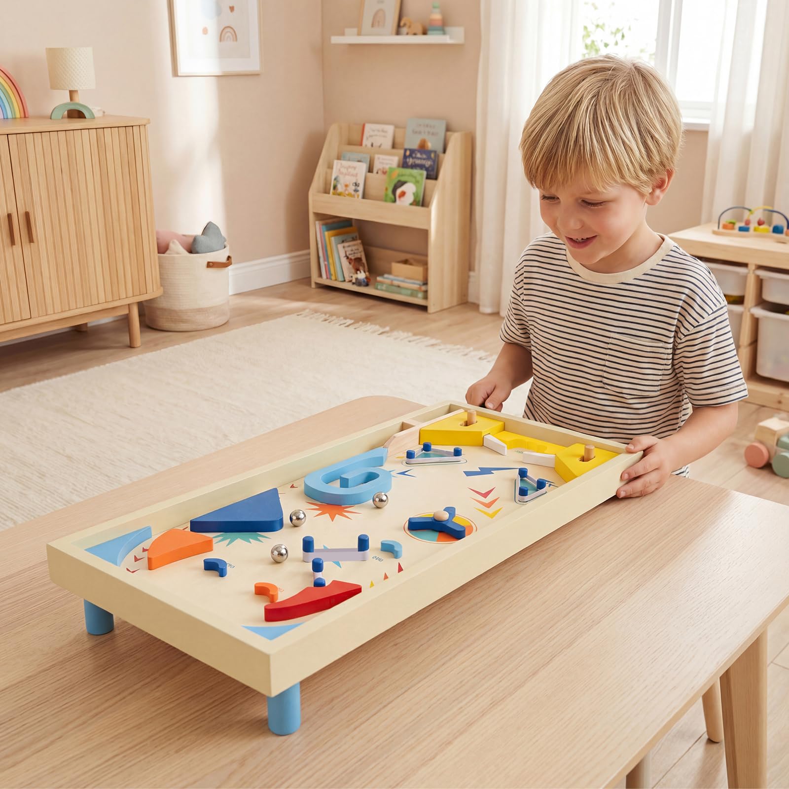 COSTWAY Máquina de Pinball de Madera, Juego de Mesa con Pista Giratoria y Puntuación con 3 Bolas para Niños de 6+ Años y Adultos, Juguete de Pinball de Canicas para Oficina o Fiestas Familiares