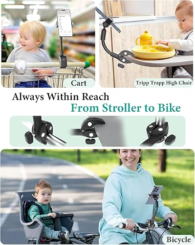 Miniatura 5 de Soporte para teléfono para cochecito de bebé, brazo de cuello de cisne ajustable, abrazadera de instalación rápida para cochecito de correr, carrito