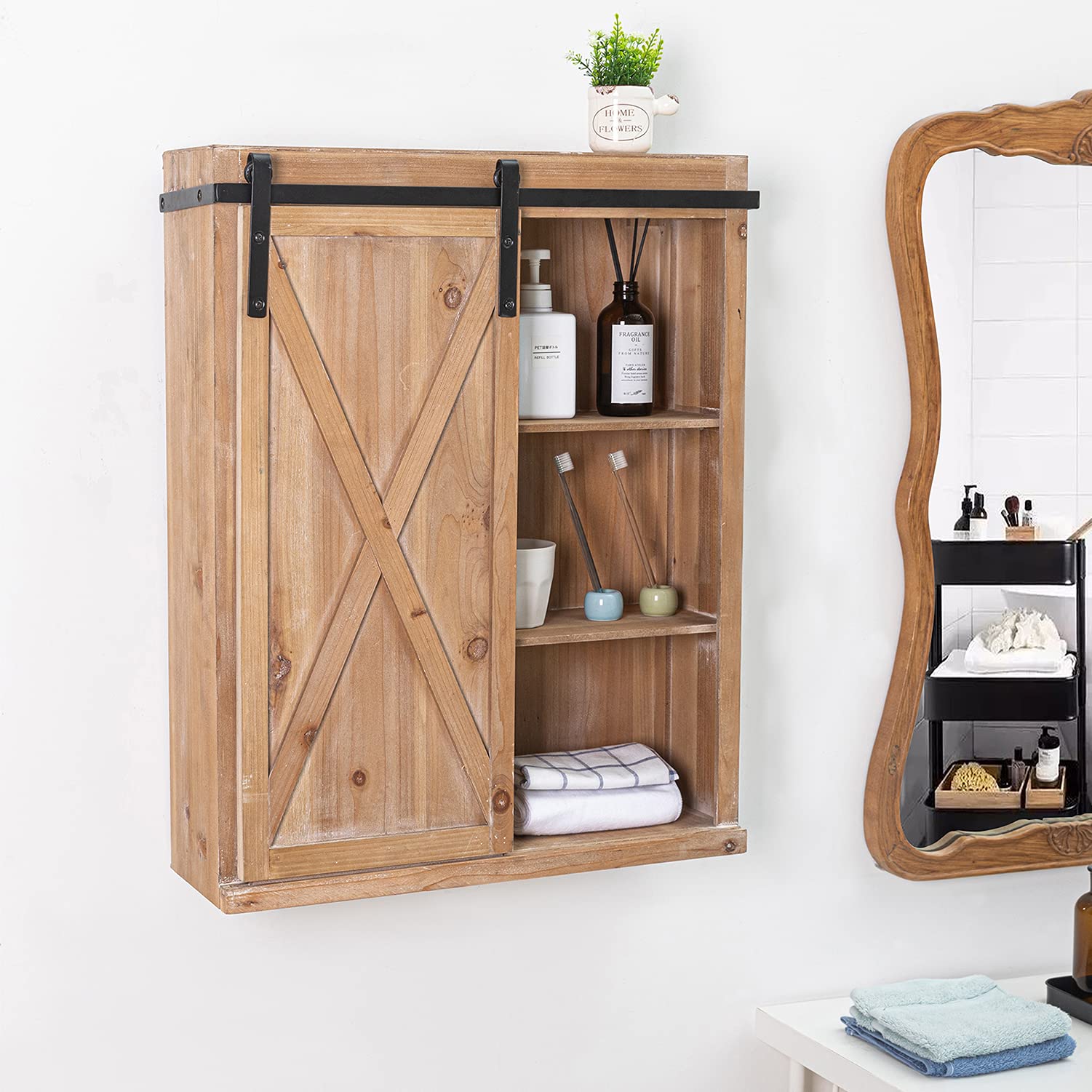 Hawoo Farmhouse Bathroom Wall Storage with Sliding Barn Door, Wood Over Toilet