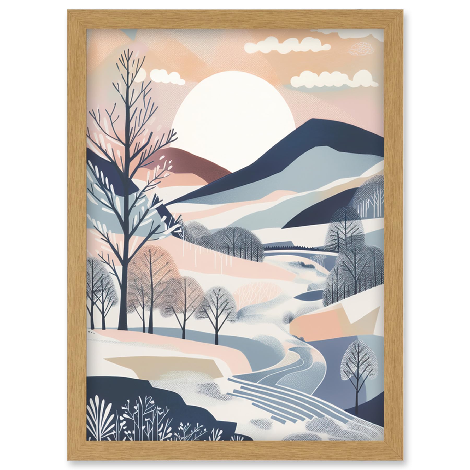Artery8 Countryside Path in Boho Hill Winter Landscape Artwork Framed Wall Art Print A4