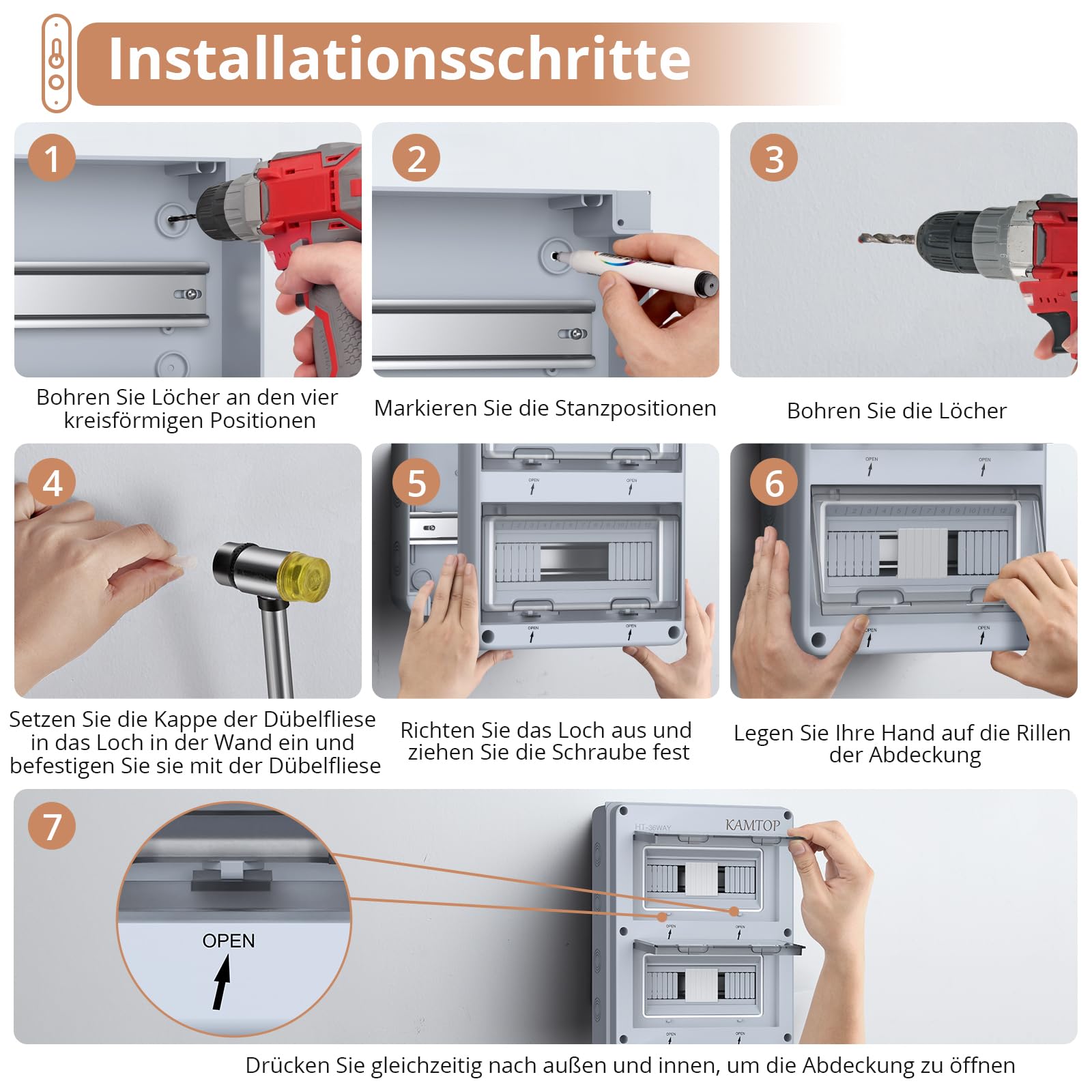 Kamtop Verteilerkasten Aufputz,IP65 Sicherungskasten Aufputz, 3 Reihig 36 Modules kleiner Verteilerkasten Mit 9 Terminals 9 Steckverbinder für Außenbereich, Garten, Bauernhof, Laden | Sicherungskasten mit DIN-Schiene, Sicherungskasten, transparenter Decke