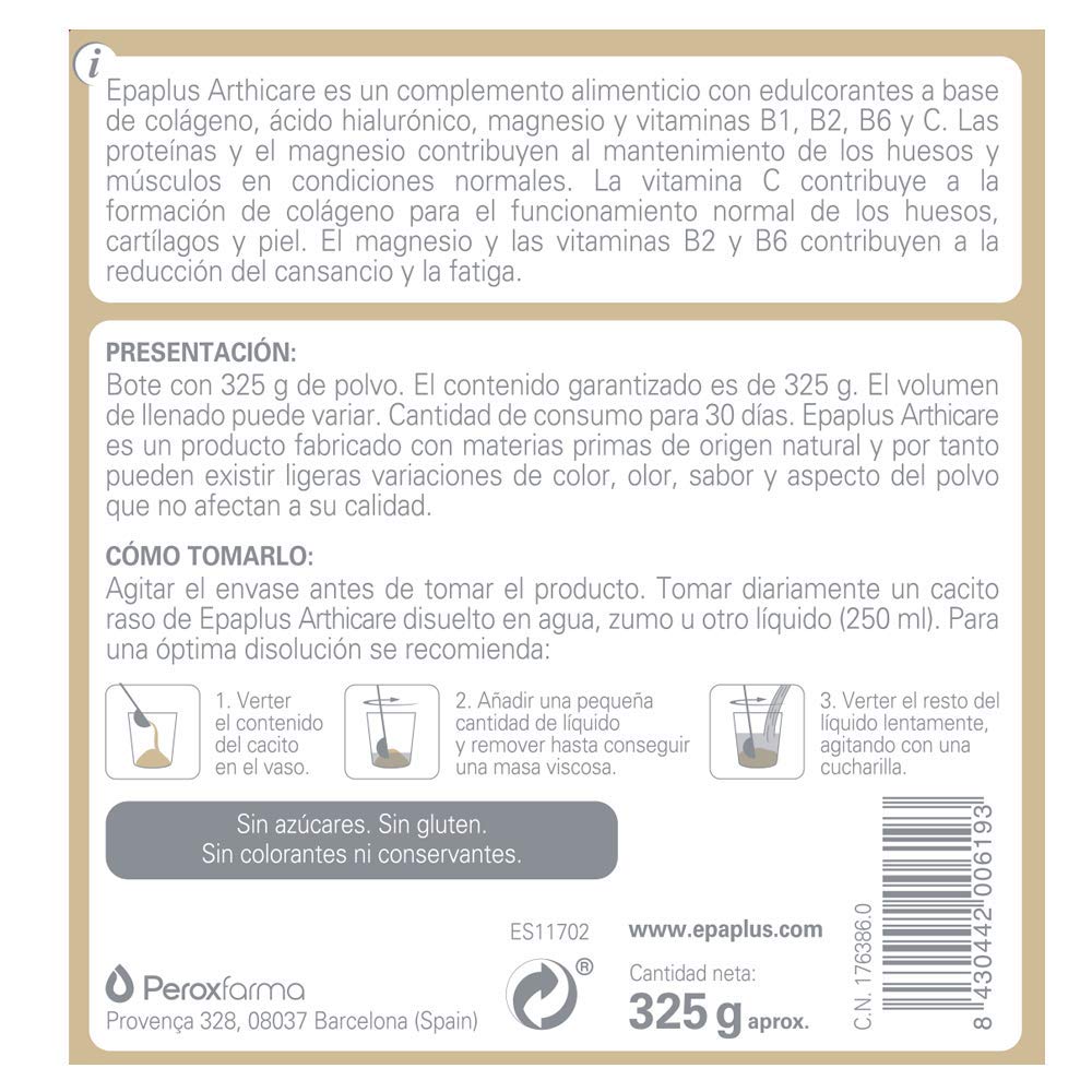 EPAPLUS Arthicare, Collagene + Magnesio + Acido Ialuronico, Collagene idrolizzato con Magnesio e Acido Ialuronico, Gusto Vaniglia a dissoluzione istantanea, Trattamento di 30 giorni, 325g