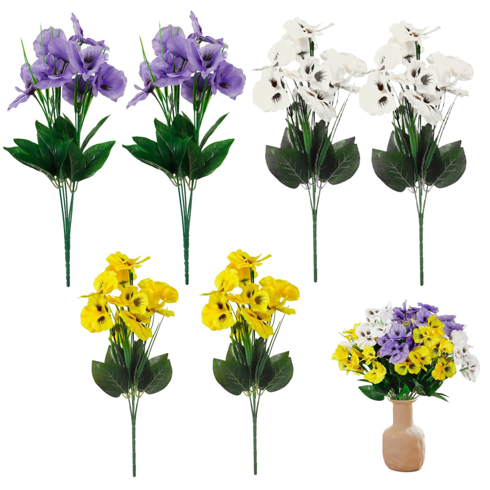 Pensées artificielles pour extérieur et fleurs de jardin réalistes, lot de 6 bouquets colorés 35cm.