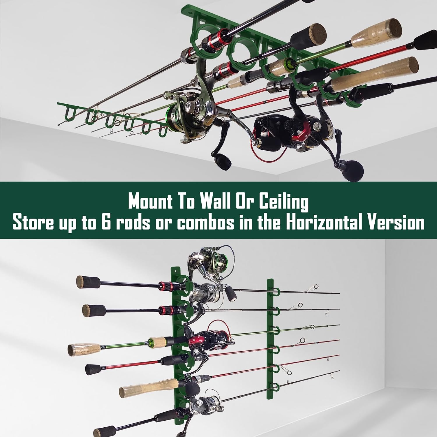 Aventik Vertical/Horizontal Fishing Rod Holder For Garage, Wall, Ceiling Holds Up To 6/12 Fishing Pole Holders（2 Pack Green）