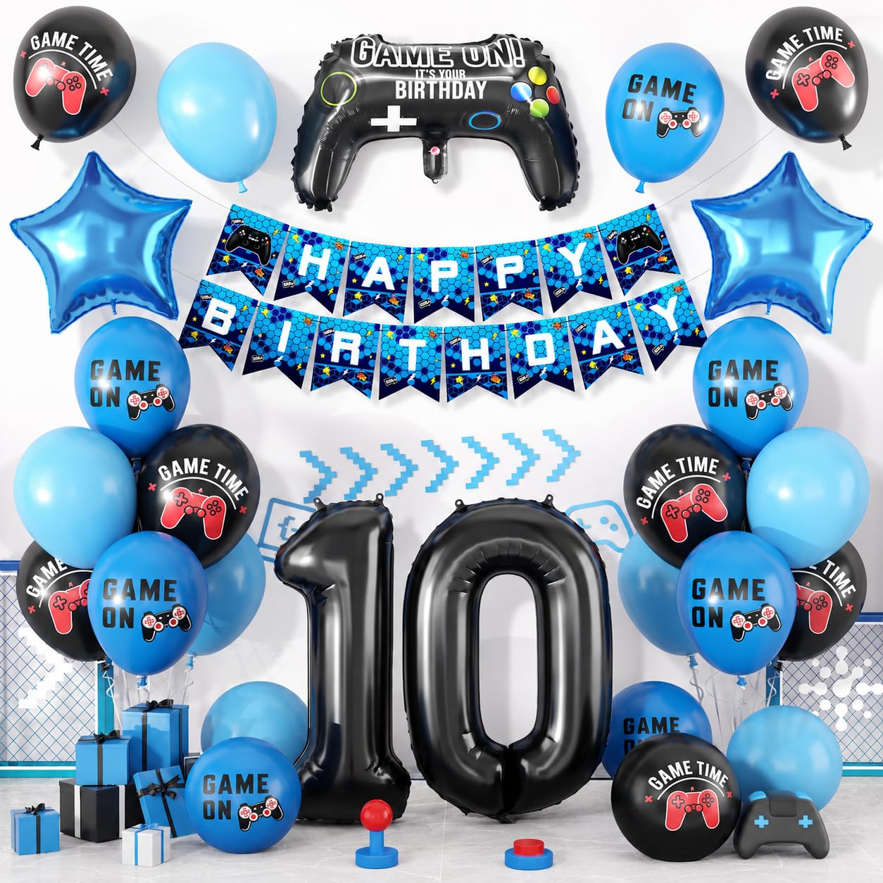 Photo 1 of 10th Birthday Decorations for Boys,Video Game Birthday Party Decoration with Blue Black Balloons Controller Foil Balloons Number 10 Balloon Happy Birthday Banner for Boys Game Theme Party Decor