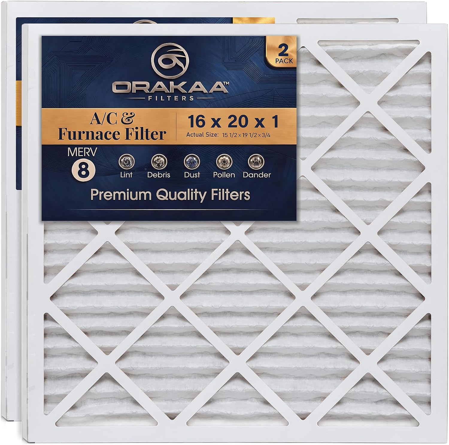 ORAKAA 16x20x1 Inches Air Filter MERV 8, AC Furnace Air Filter Replacement, Pleated HVAC Filters for Home, Dust Pollen Lint Dander, Premium Quality - 2 Pack