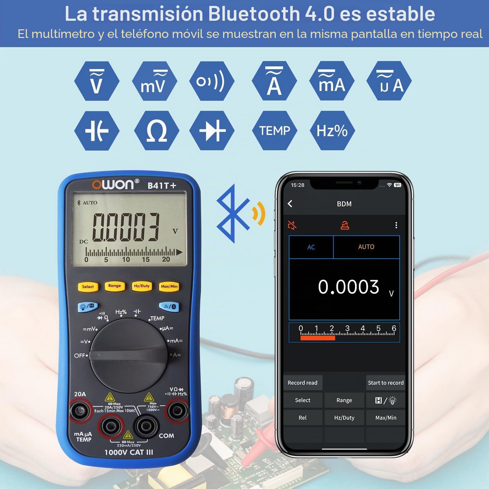 OWON B41T+ Multímetro digital Bluetooth Rango automático TRMS 22000 Conteos Ohmímetro para voltaje CA/CC, corriente, resistencia, continuidad, capacitancia, diodos, medición de temperatura