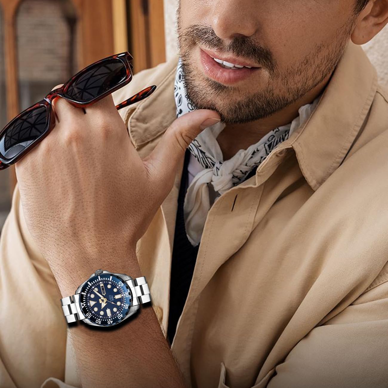 Juntan Stainless Steel Curved Solid End Tapered Watch Band, 18mm 20mm 21mm 22mm Watch Bands Metal Watch Strap Bracelet Deployment Double FlipLock Buckle Silver Black Silver Gold - Image 6