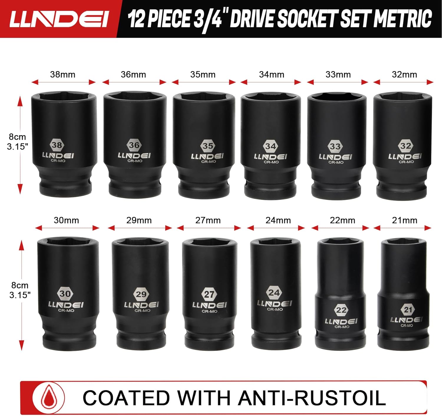 LLNDEI 3/4 inch Drive Impact Socket Set, 12 Piece Heavy Duty CR-MO Deep/Jumbo Sockets 6 Point Design, Metric 21mm-38mm, for Large Vehicle and Apparatus Maintenance