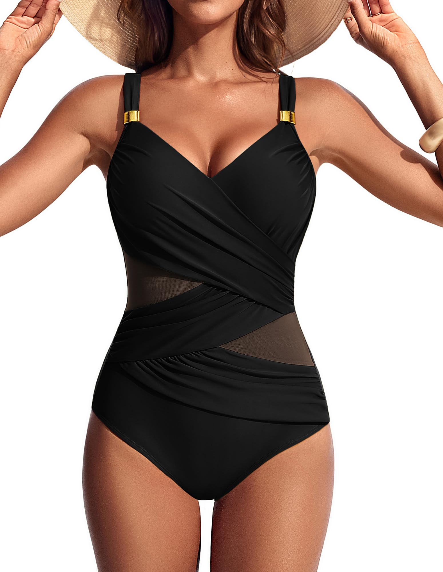 Hanna Nikole Damen Badeanzug Bauchweg，sexy Mesh-Einsätze Einteiler Bademode，v-Ausschnitt Ruched Monokinis Schwarz S