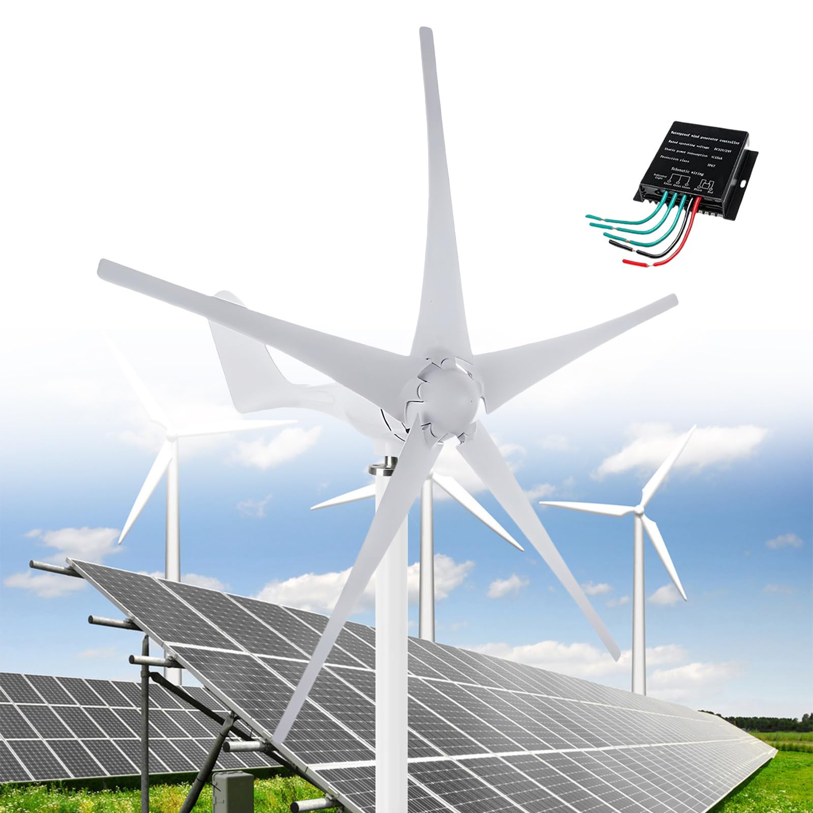 Off-Grid zestaw turbin wiatrowych o mocy 12000 W, 5-łopatowa turbina wiatrowa z automatycznym dopasowaniem kierunku wiatru, 3-fazowy napęd magnetyczny na prąd zmienny ze sterowaniem, 12 V/24 V/48