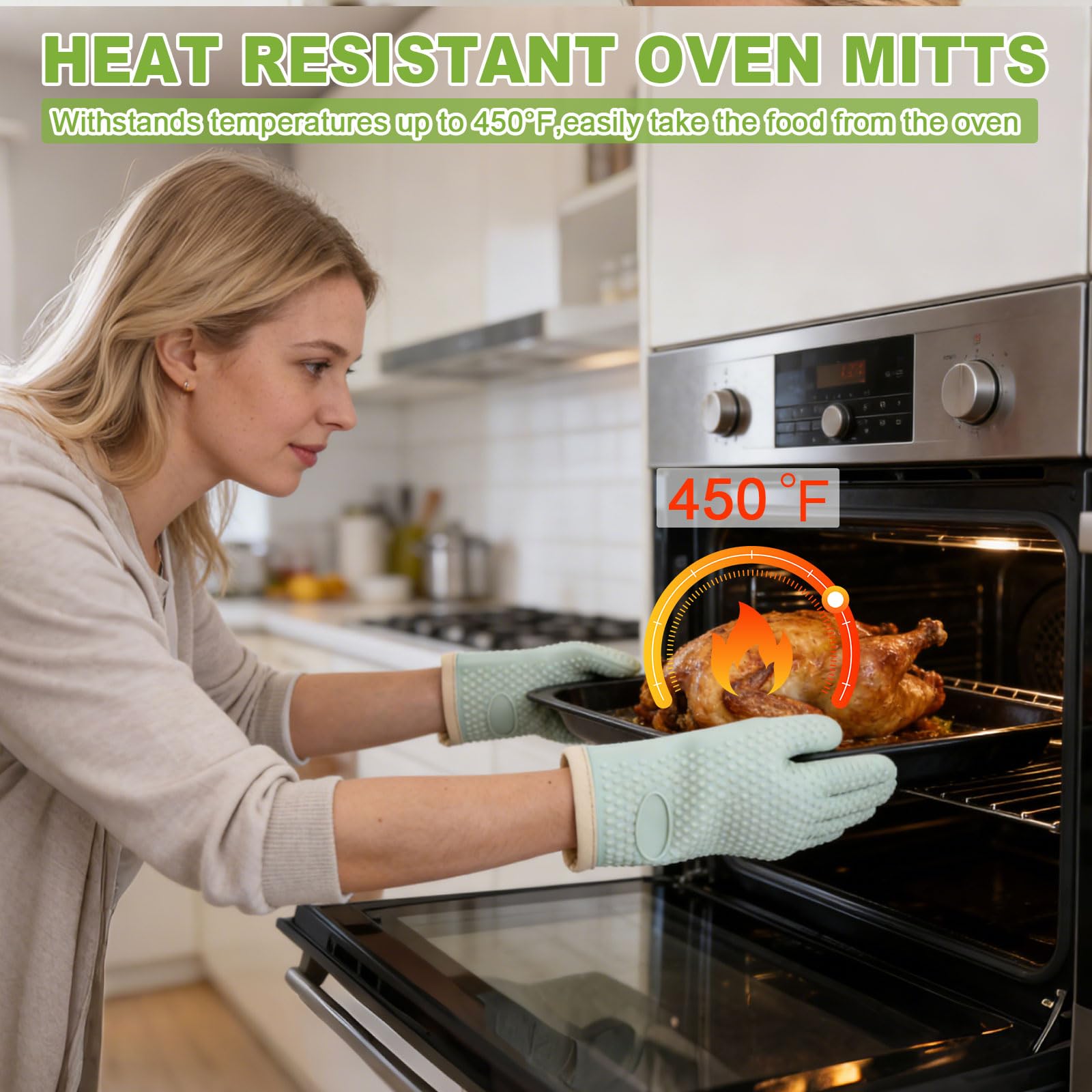Silikon Ofenhandschuhe mit Fingern, Ofenhandschuhe Hitzebeständig für Küche, wasserdichte & rutschfeste Ofenhandschuhe zum Backen, Kochen, Grillen und BBQ (Schwarz)