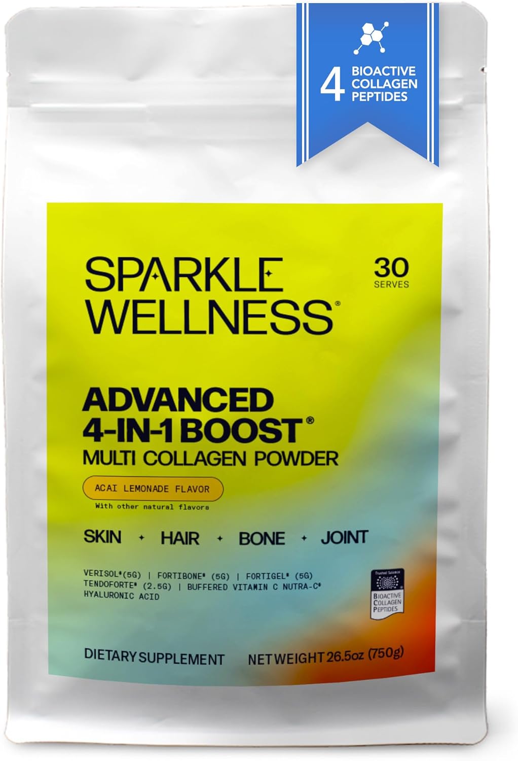 Sparkle Wellness Advanced 4 in 1 Boost | Clinically Tested Multi Collagen Powder with VERISOL, FORTIBONE, FORTIGEL, TENDORFORTE | Acai Lemonade