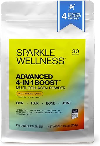 Sparkle Wellness Advanced 4 in 1 Boost | Polvo de colágeno múltiple clínicamente probado con VERISOL, FORTIBONE, FORTIGEL, TENDORFORTE | Acai