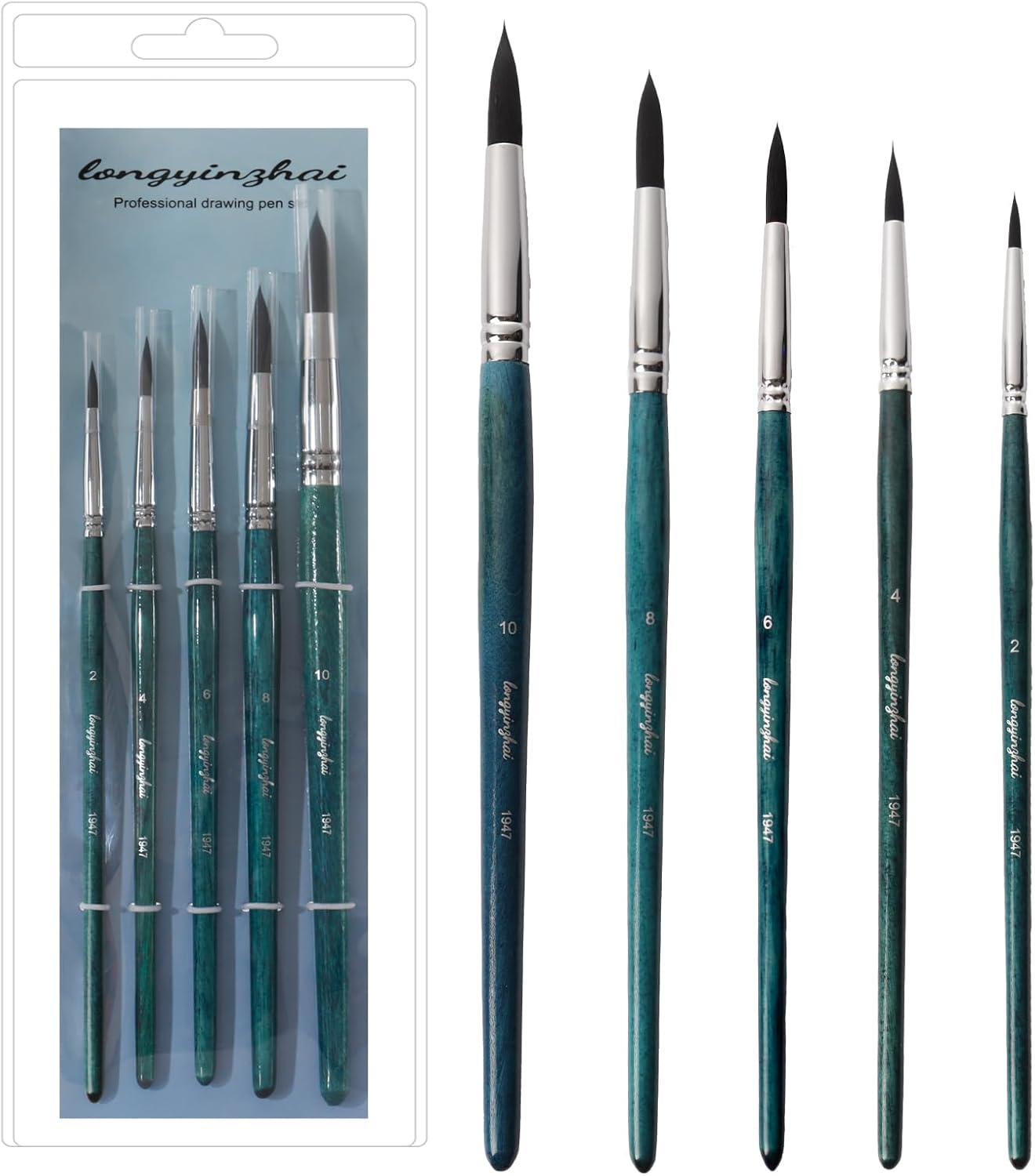 Longyinzhai Synthetic Squirrel Hair 5 Round Tip Professional Brush Set, Watercolor Acrylic Gouache Painting Supplies