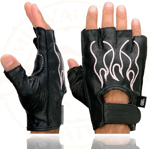 Miniatura 3 de Milwaukee Leather SH198 - Guantes de motocicleta sin dedos acolchados de gel de cuero negro para hombre con bordado de llama naranja