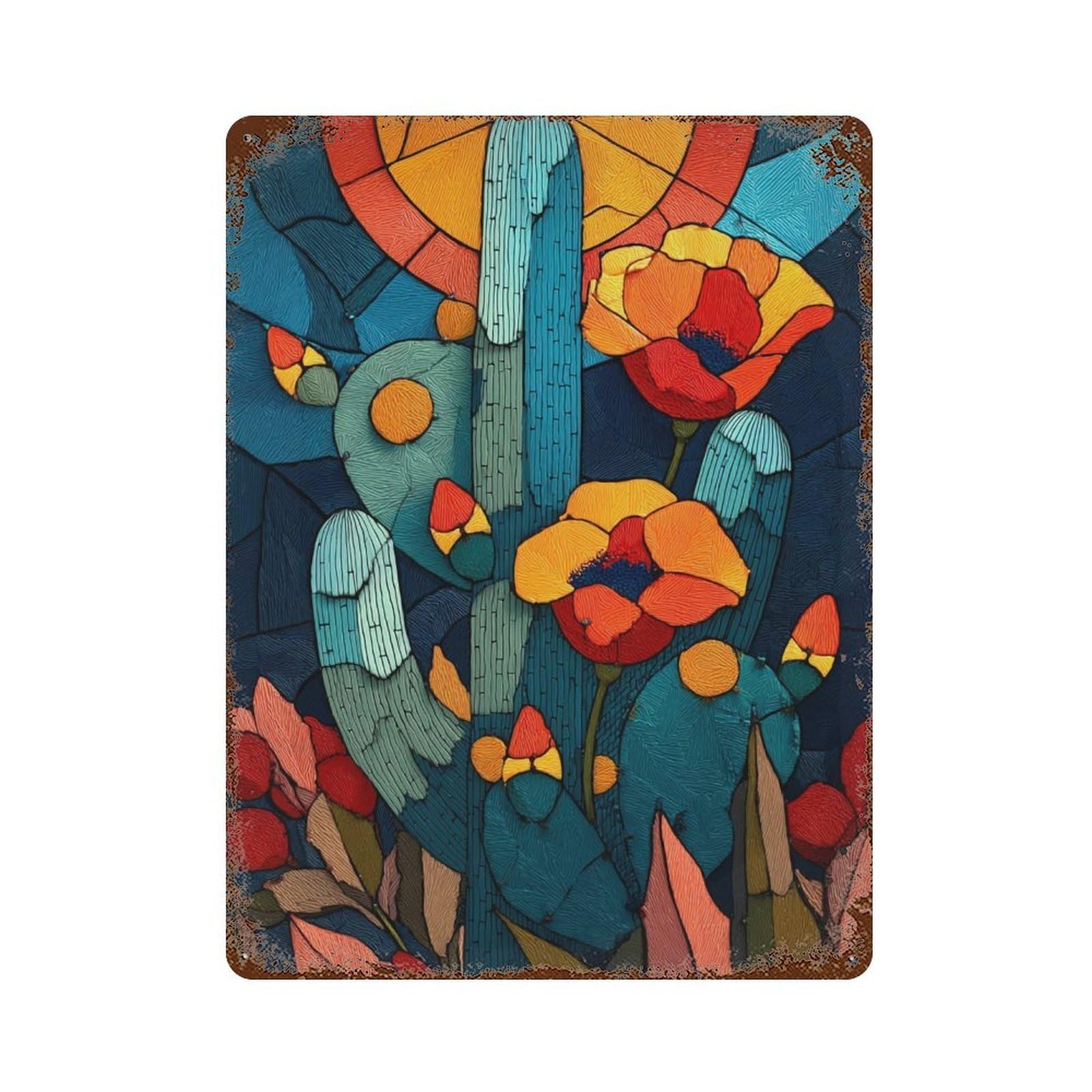 Colorful Cactus Garden Artwork 15.7"x11.8" Retro Metal Sign, Old School Wall Decor for Office, Studio And Wall Decor