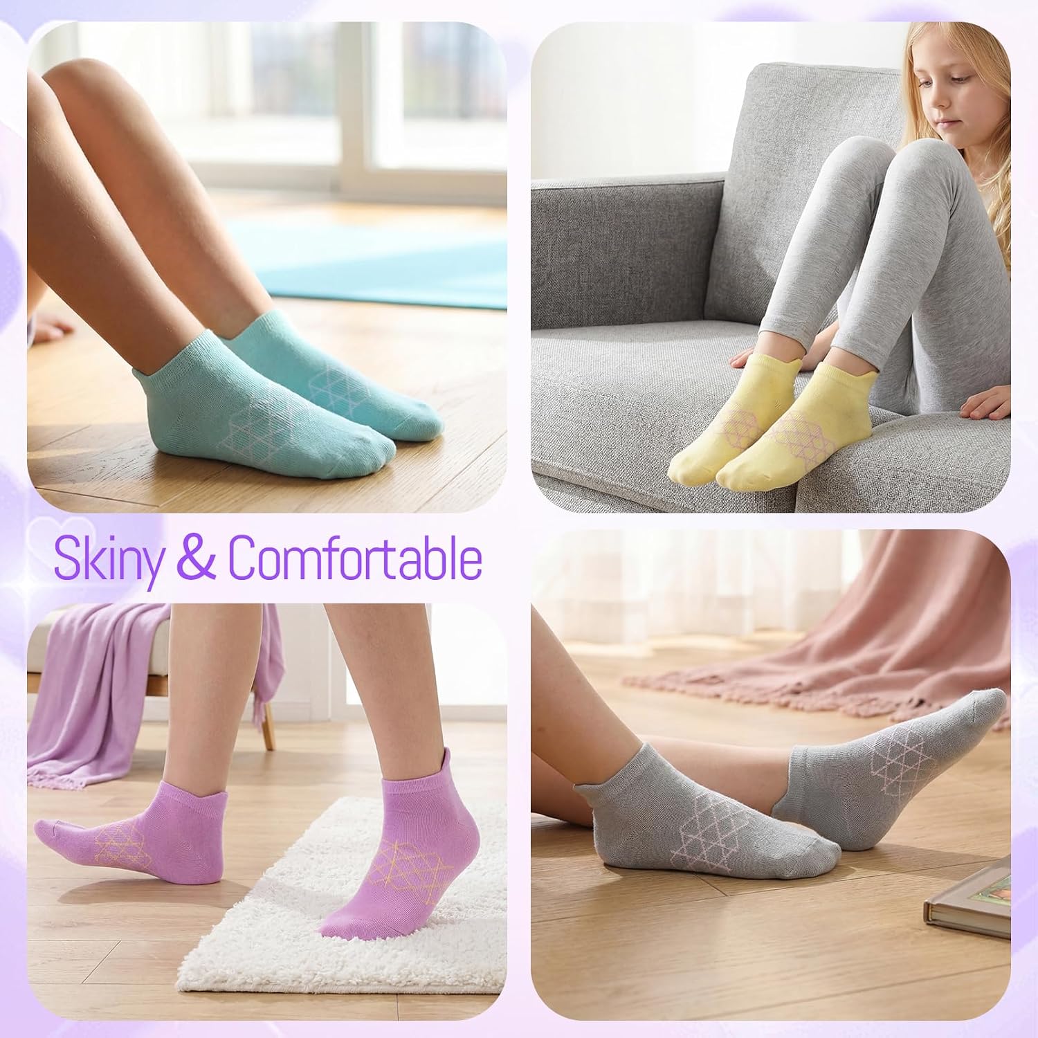 6 Pairs Girls Athletic Ankle Socks, Low Cut Cotton Socks for Girls, Novelty Geometric Sock for Daily School Wear, 9-12 Years Old
