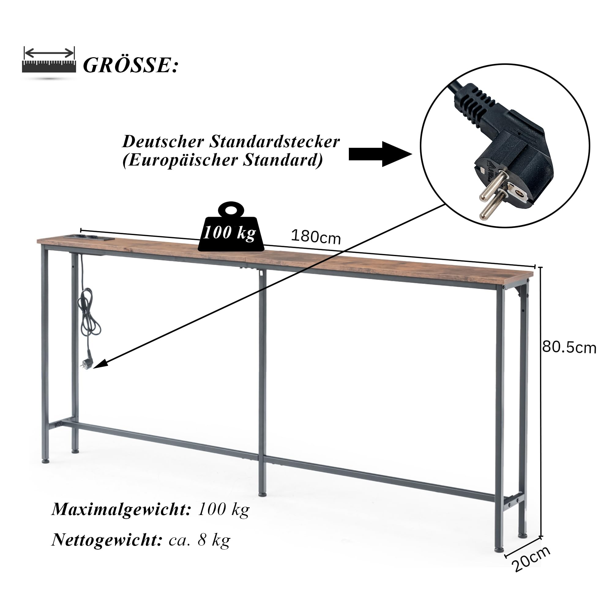 1 Pezzo Tavolo Consolle per Ingresso Larghezza 180 cm con Presa di Corrente, Profondità 20 cm Tavolino Laterale per Corridoio/Ingresso/Veranda/Balcone/Soggiorno, Marrone e Nero/180x20x80 cm
