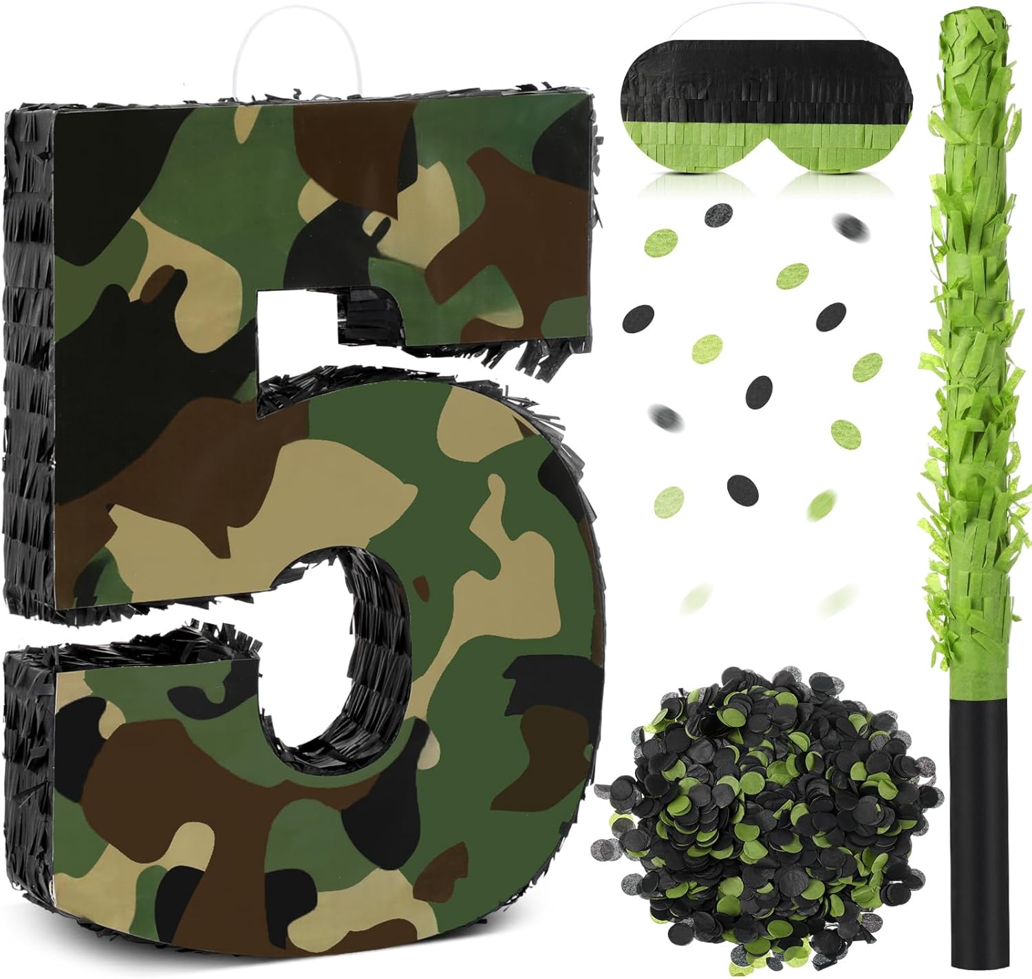 Camo Number Piñata Decorations 16 Inch Camo Birthday Party Piñata with Blindfold Stick and Confetti Set for Military Birthday Army Hunting Party Supplies Game Props(Number 6)