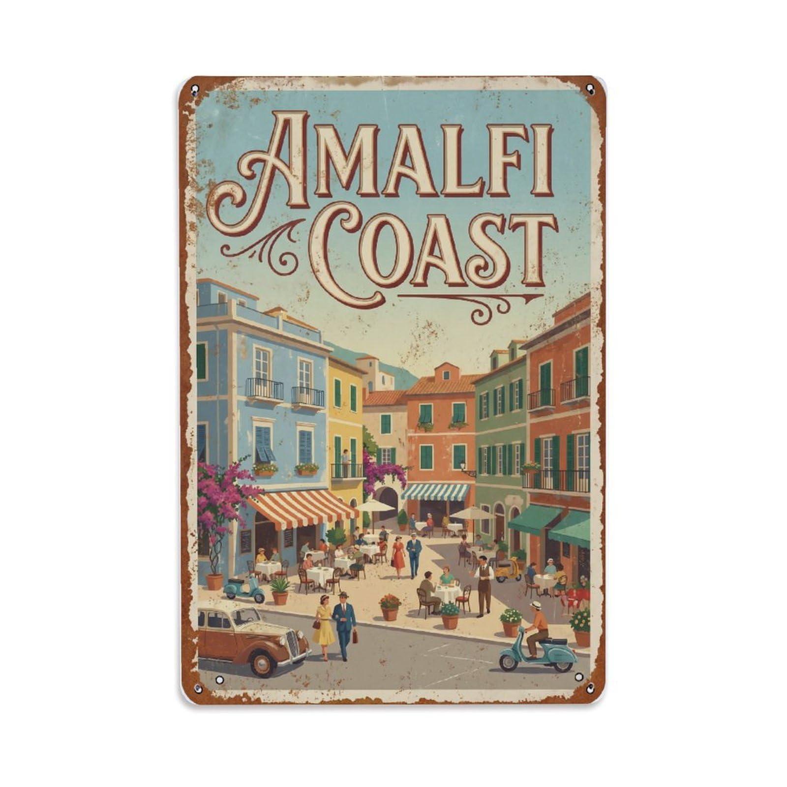 Vintage Travel Square Italy Village Metal Tin Sign Plaque Wall Decor for Cafe, Club Bar, Office, Home Garden Metal Poster 8x12Inch
