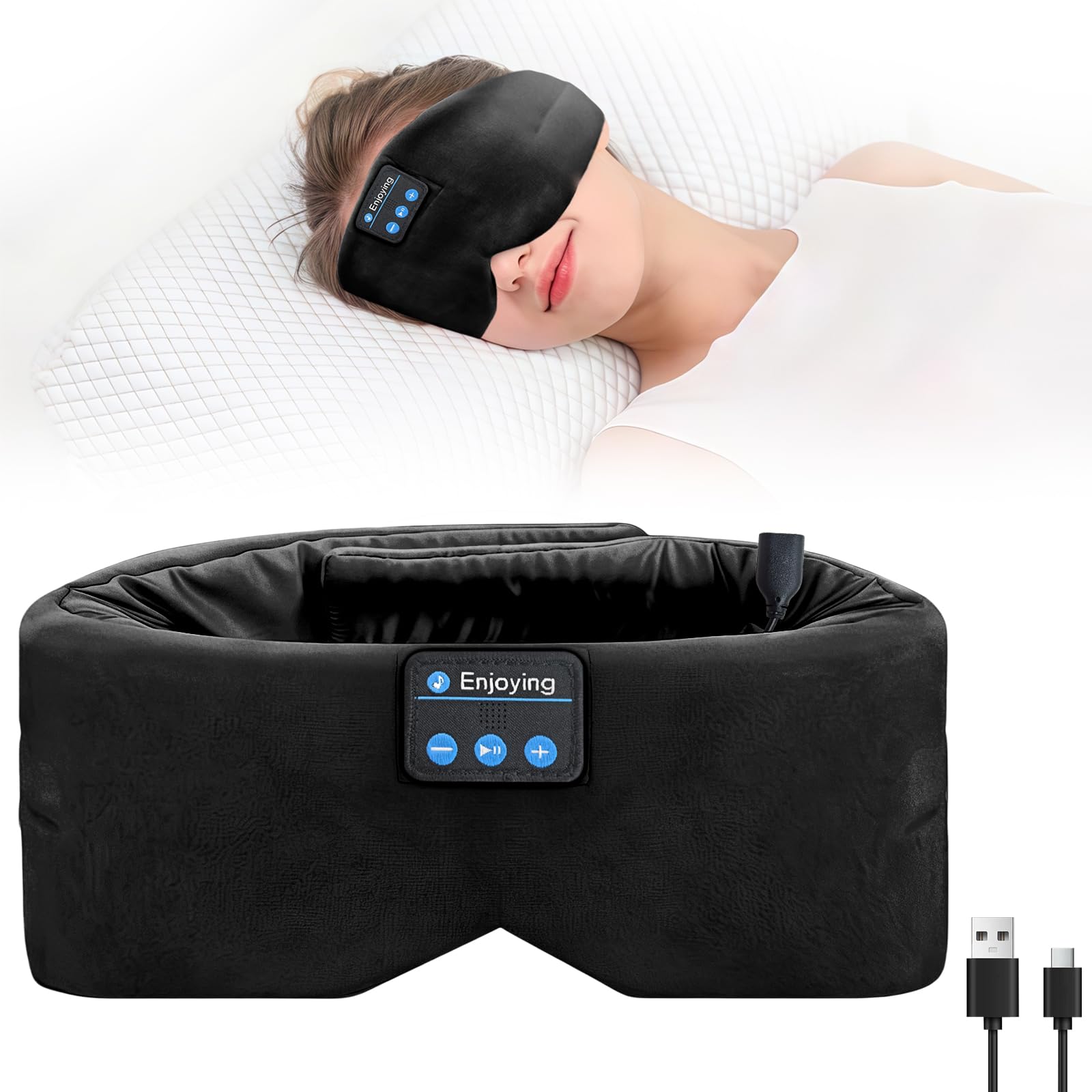 Flintronic Mascherina per Dormire con Cuffie Bluetooth, Mascherina per Dormire in Seta e Fascia, Maschera Occhi per Dormire per Bloccare la Luce, per il Sonno, Viaggi, Pisolino, Meditazione