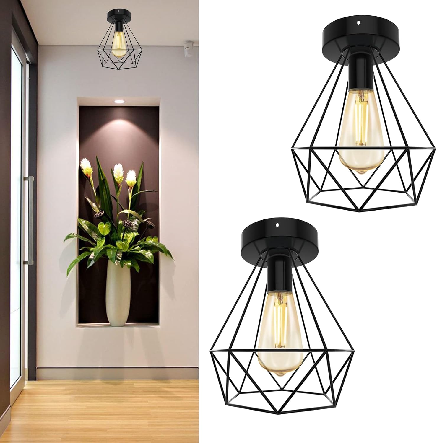 Ourbest 2Pack Industrial Ceiling Light Fixtures, Semi Flush Mount