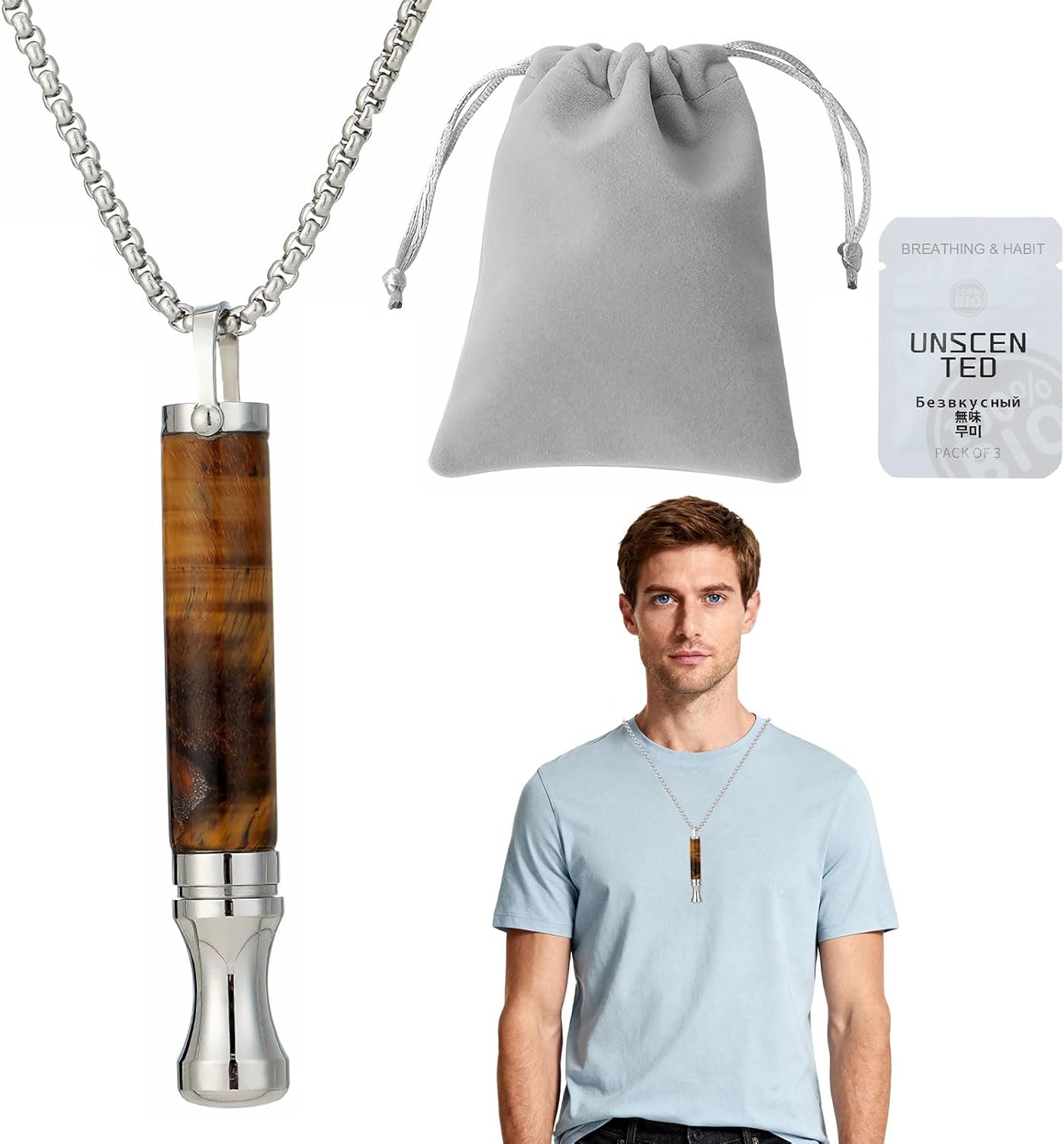 Breathing Necklace,Tiger Eye Stone Breathing Necklace with Resistance,Stress Relief Necklaces,Stress Meditation Tool for Anxiety Relief & Stress Management,for Men/Women