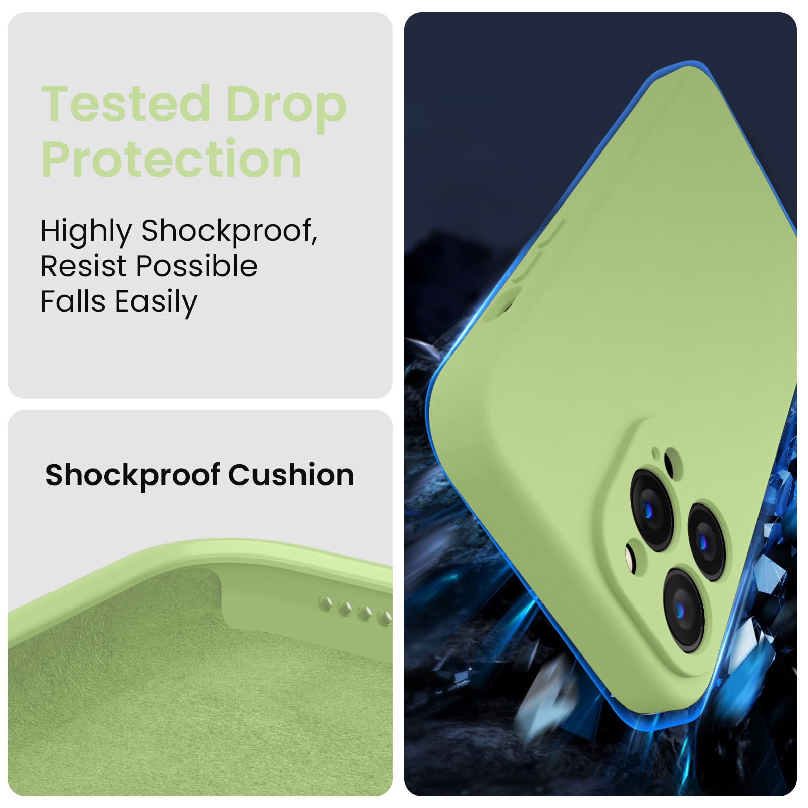 FireNova Funda para iPhone 13 Pro Max, funda de silicona mejorada [protección de cámara] con [2 protectores de pantalla], forro interior de microfibra suave antiarañazos, 6.7 pulgadas, verde té