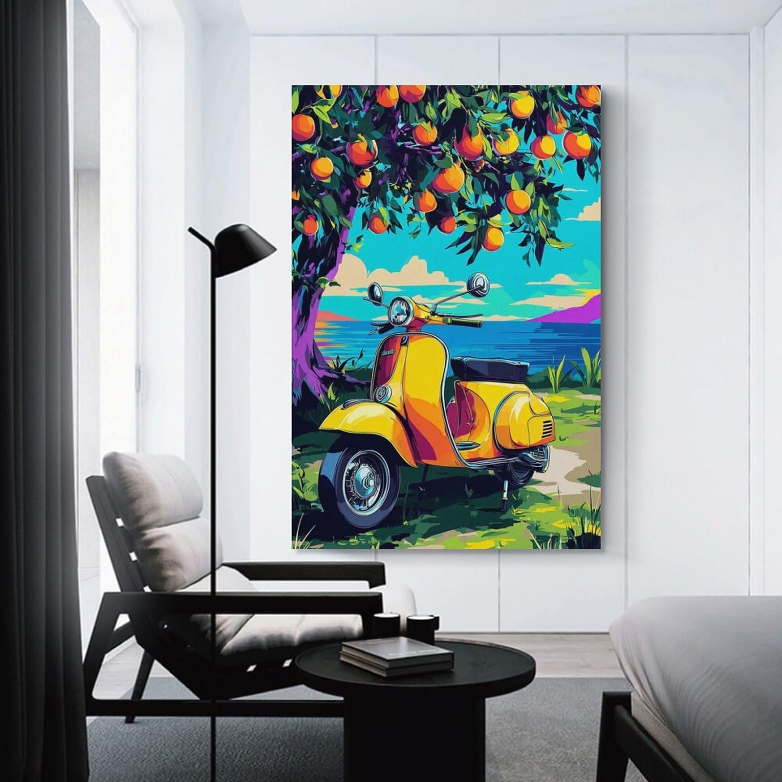 Junmoney Unframe-Vibrant Scooter By The Fruit Tree Vibrant Scooter By The Fruit Tree Home Decor Wall Art 24X36inch(60X90cm), For Hallway, Bedroom Or Modern Interiors, Canvas Artwork With Gifting Potential