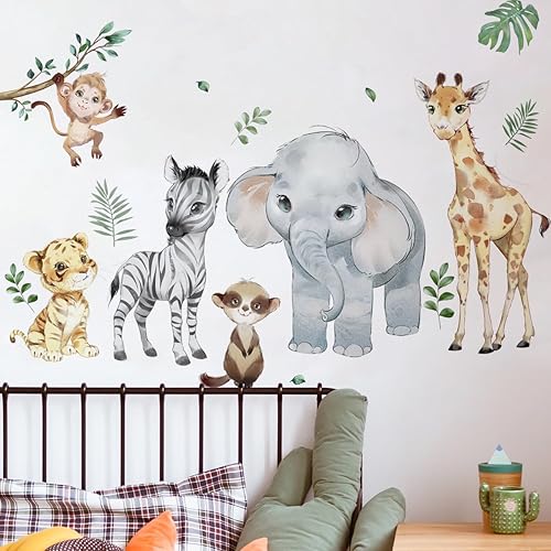 Miniatura 3 de Runtoo Calcomanías de pared de animales de safari, elefante, jirafa, mono, selva, calcomanías de pared para habitación de niños, bebé, guardería,