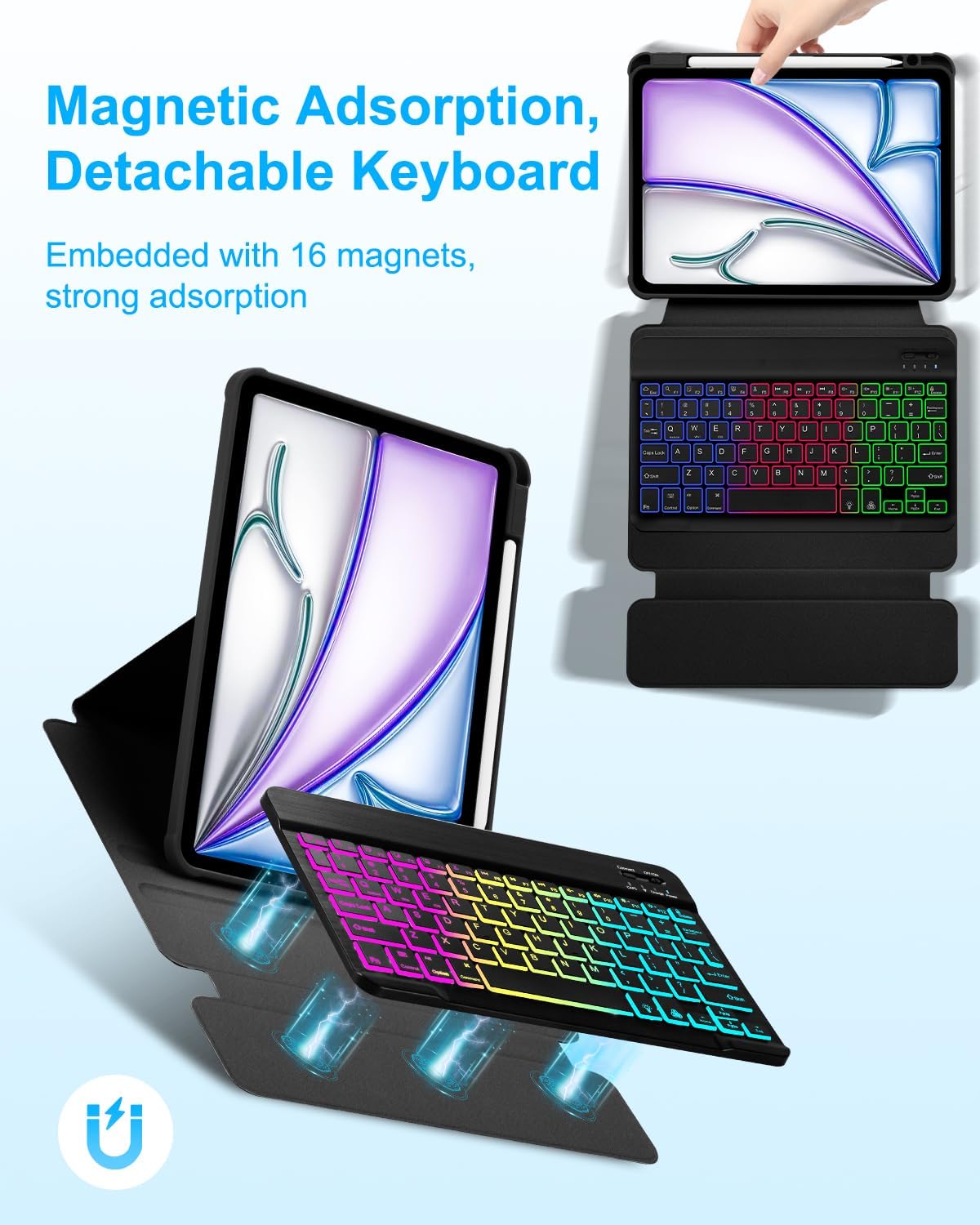 EAMPANG Case with Keyboard Mouse for iPad Air 11 inch M4 M3 M2/ Air 10.9 5th 4th Generation,Rainbow Backlit Detachable Keypad Rotatable Magnetic Cover with Pencil Holder for iPad Air 4 5 6 7 Gen Black