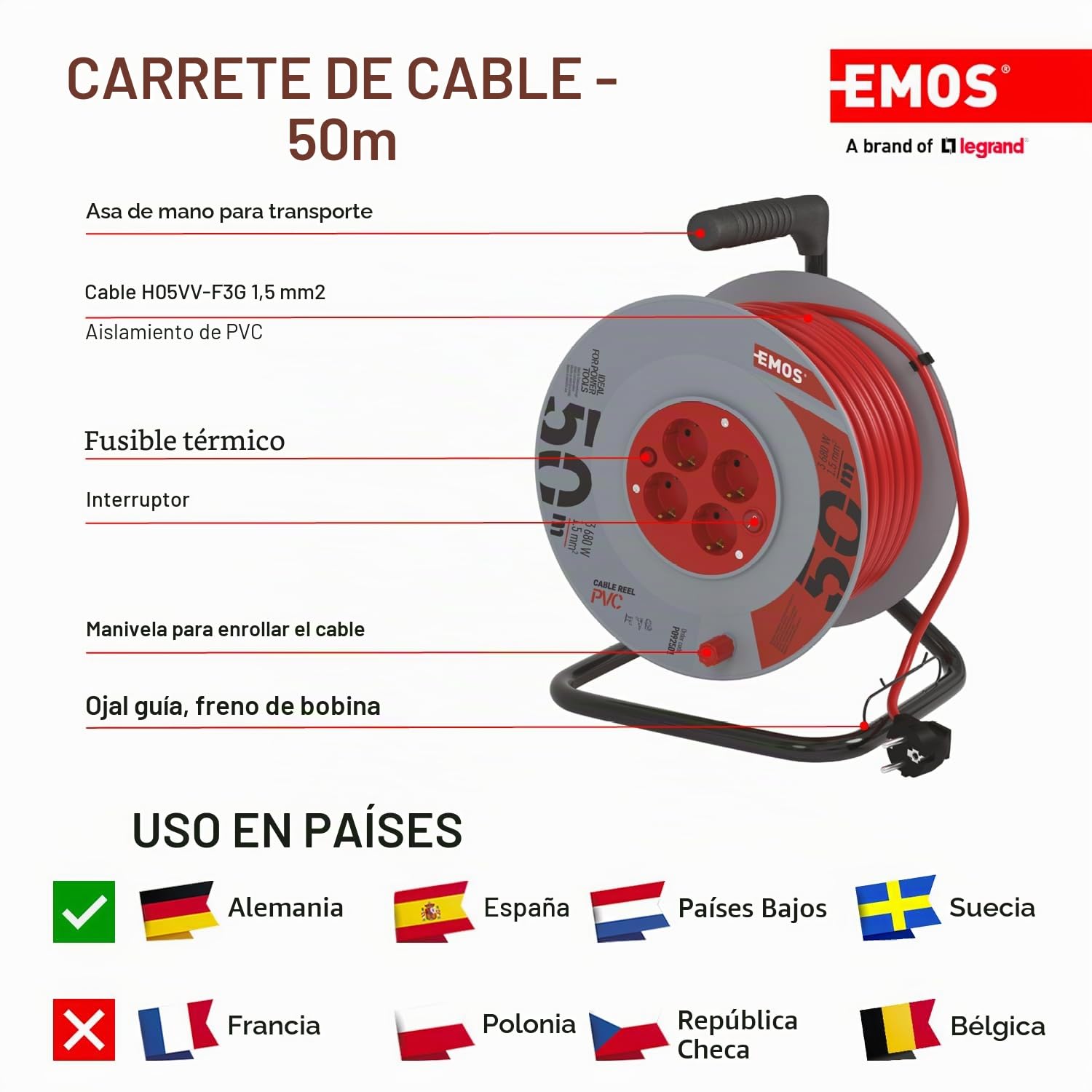 Emos Cable alargador en Bobina Enrollable con Interruptor (50 m, con 4 enchufes Schuko)