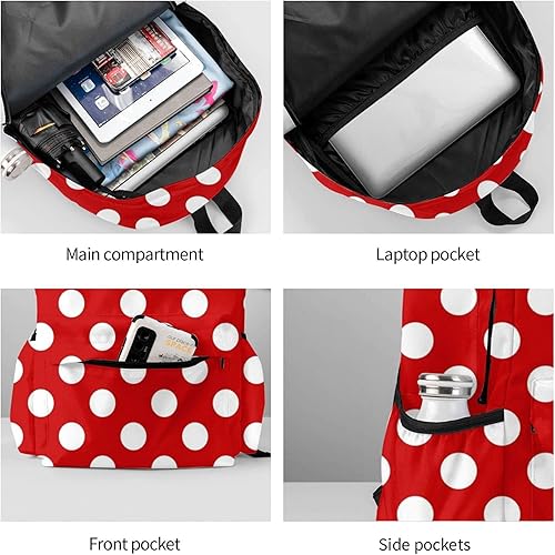 Miniatura 6 de KiuLoam Mochila de 17 pulgadas, mochila para laptop, bolsa de hombro, mochila escolar casual, Lunares rojos y blancos., Mochila para laptop