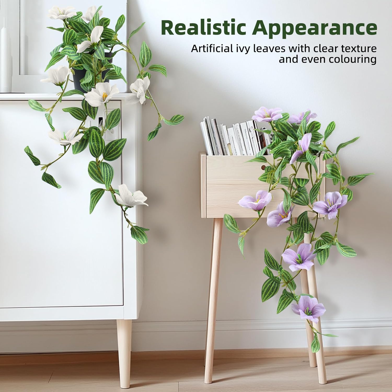 Artificial Ivy Hanging Plant with Flowers 3D Realistic Faux Greenery Fake Ivy Leaves UV Resistant Textured Floral Vine for Indoor Outdoor Wall Garden Home Decor